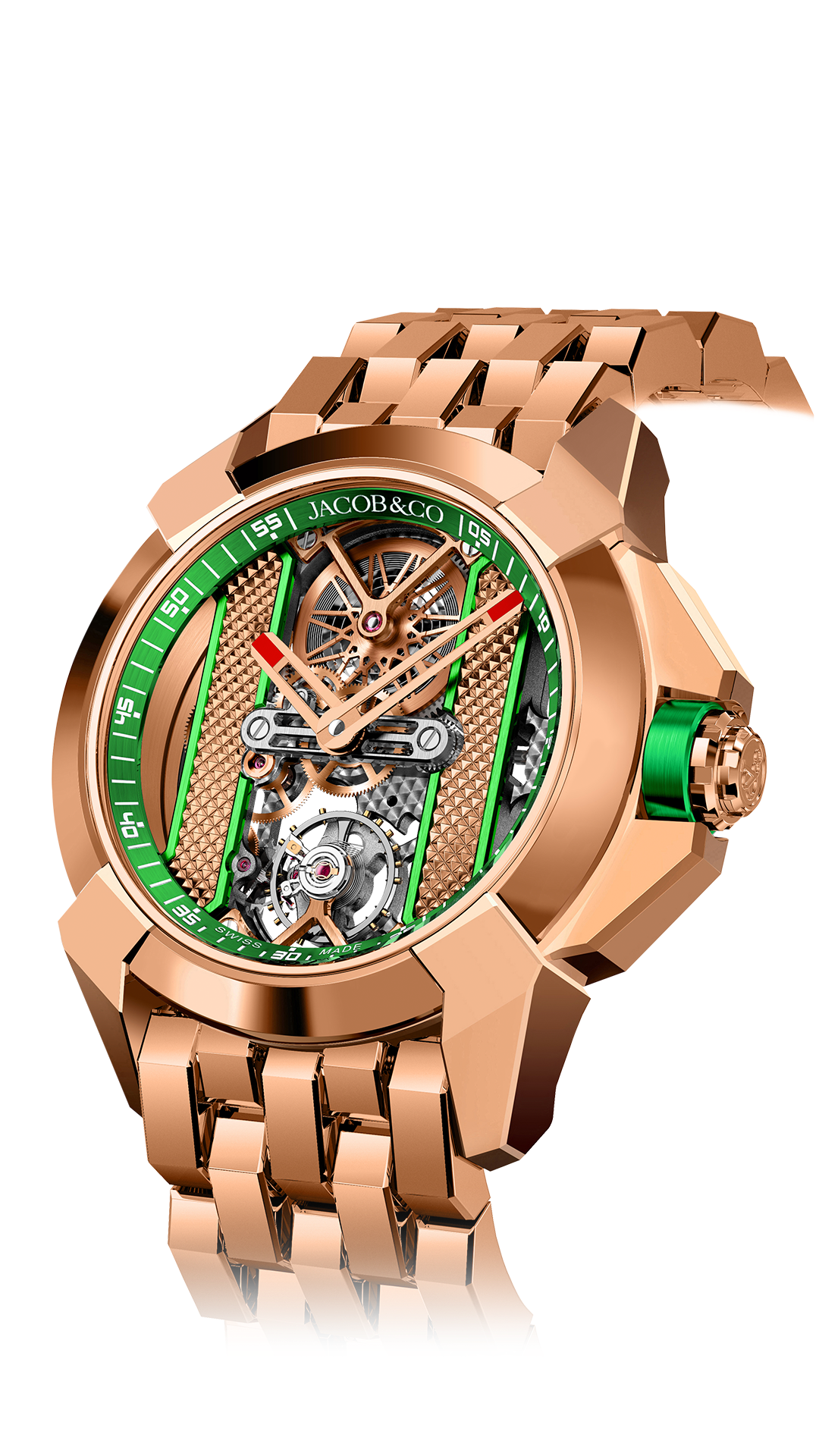 The rose gold Epic X Bridges, with green accents. The watch is attached to a rose gold bracelet.