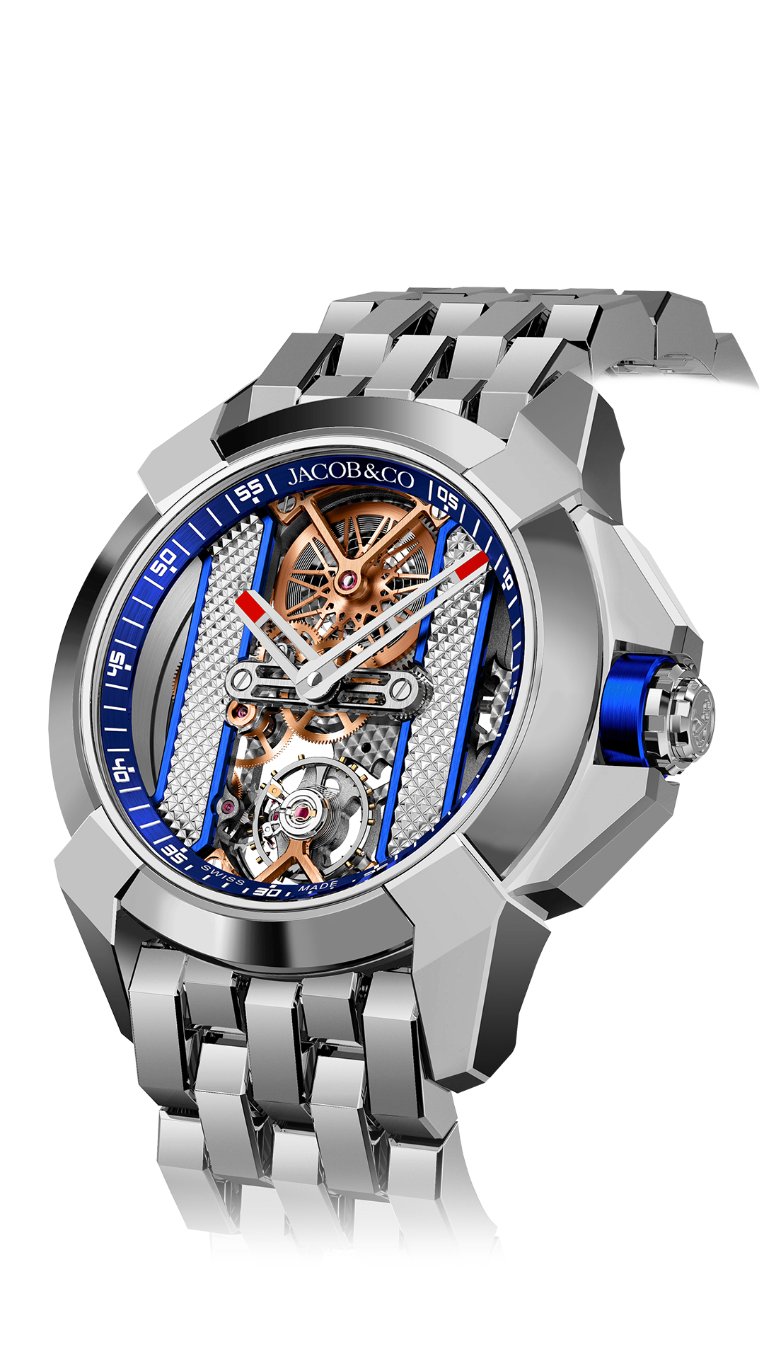 The stainless steel Epic X Bridges, with blue accents. The watch is attached to a steel bracelet.